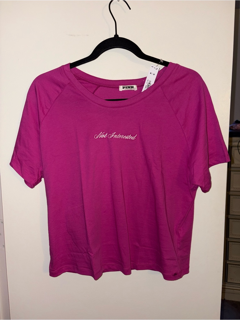 PINK Victoria's Secret Women’s Fuchsia 'Not Interested' Cropped Short Sleeve Tee